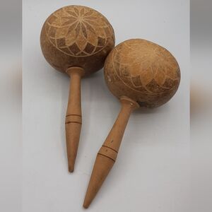 Hand Made Gourd Maracas Cuban Folk Art Carved Vintage Musical Instrument
